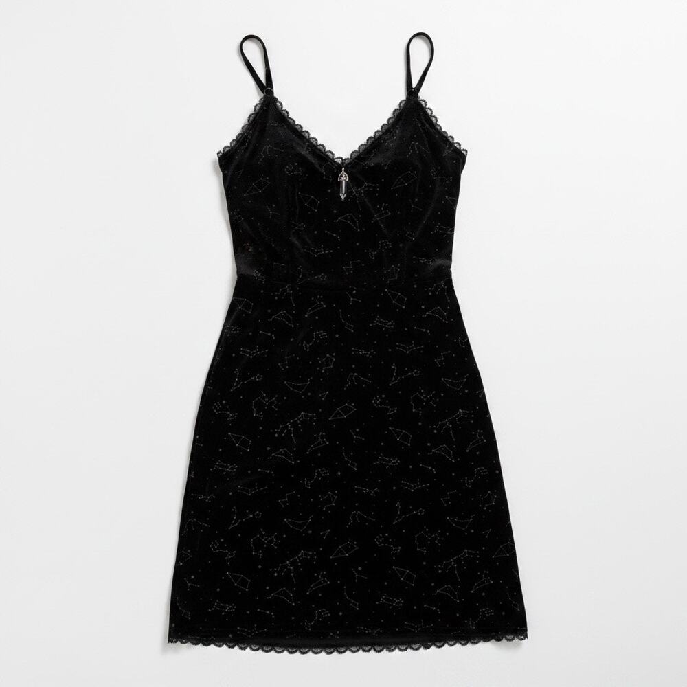 Cosmic Aura Black Velvet Constellation Mini Dress XL Astrology Celestial Witchy